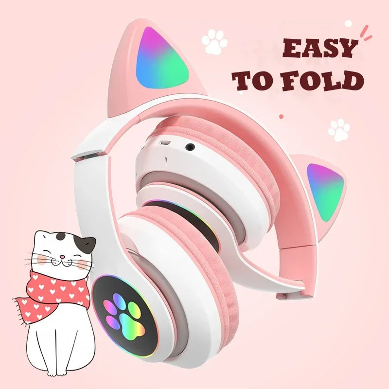 Cuffie Bluetooth rosa con orecchie da gatto luminose e microfono