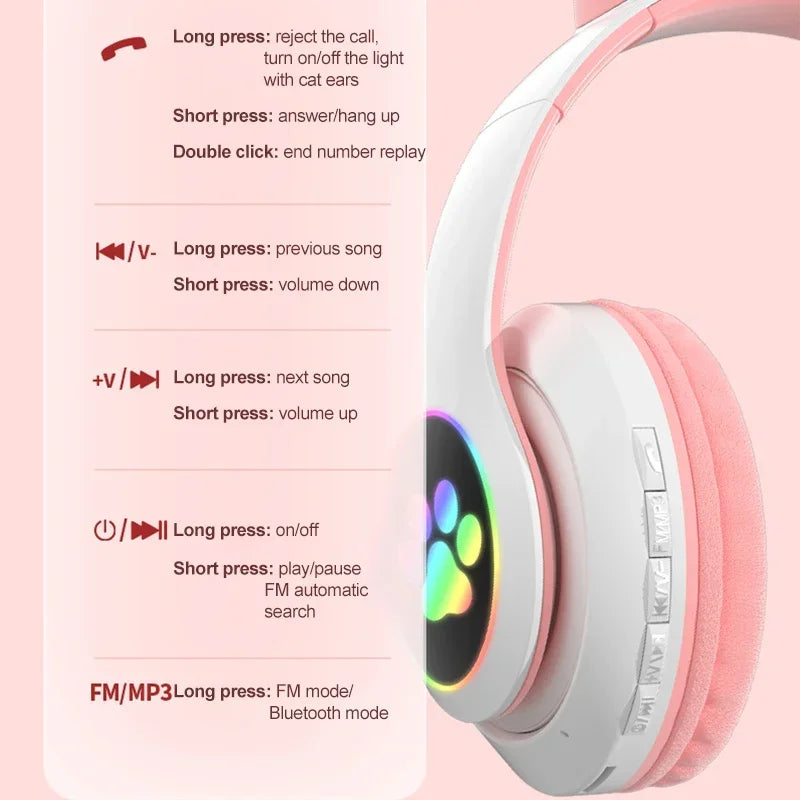 Cuffie Bluetooth rosa con orecchie da gatto luminose e microfono