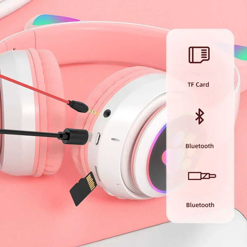 Cuffie Bluetooth rosa con orecchie da gatto luminose e microfono