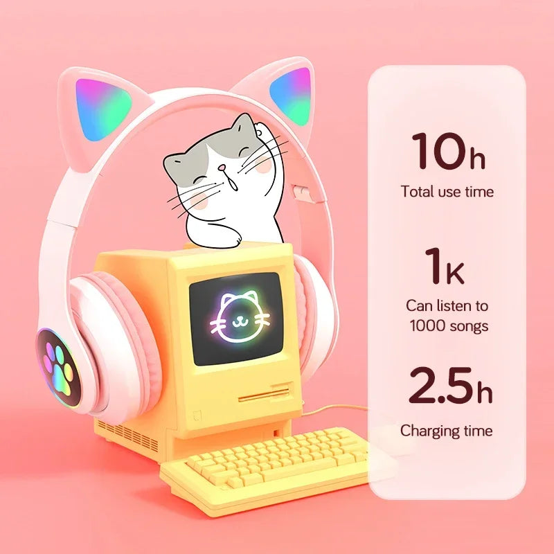 Cuffie Bluetooth rosa con orecchie da gatto luminose e microfono