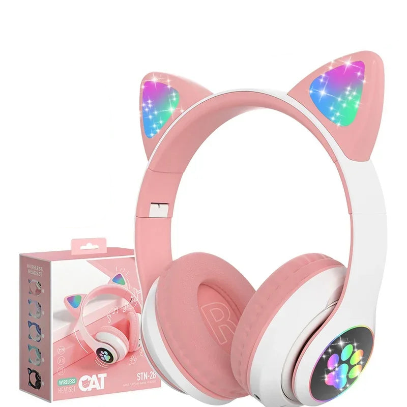 Cuffie Bluetooth rosa con orecchie da gatto luminose e microfono