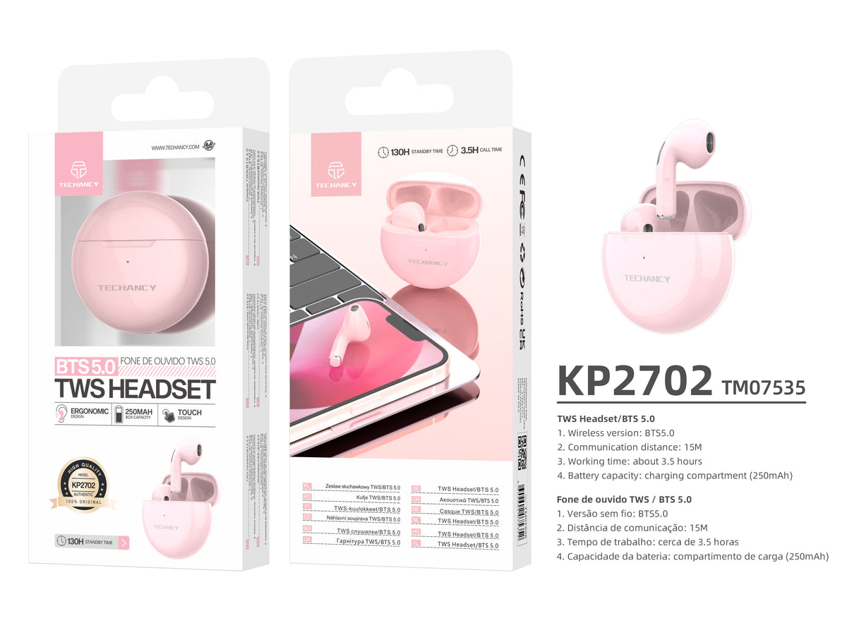 Auricolari Bluetooth Techancy KP2702 rosa con custodia di ricarica