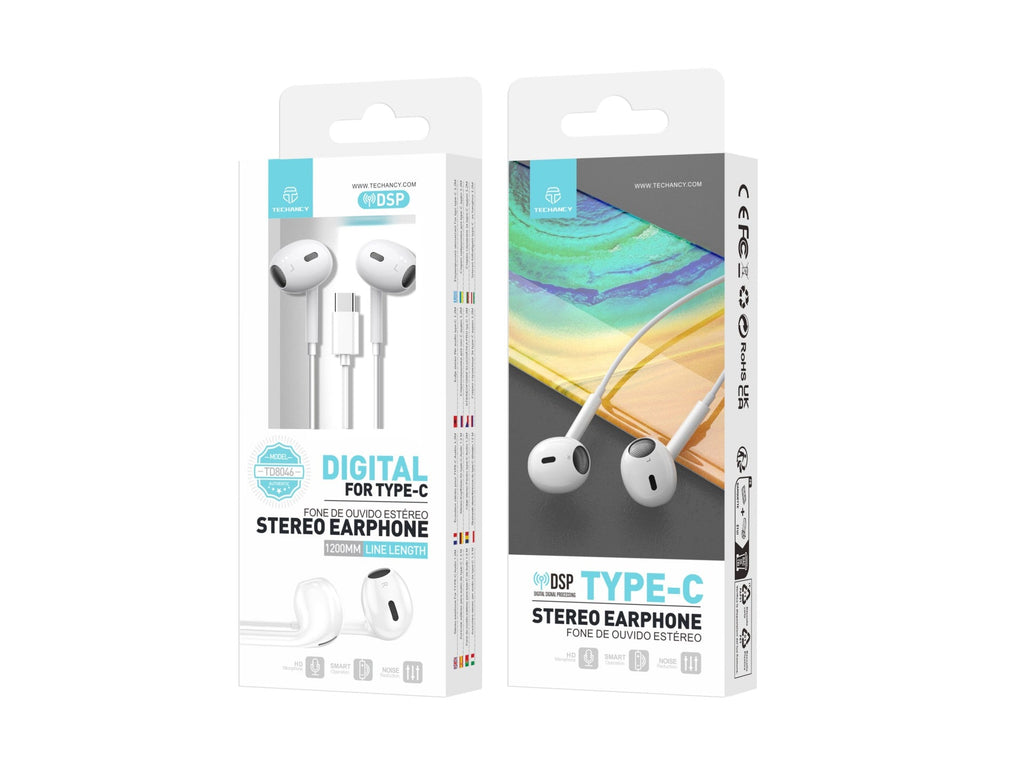 Auricolari USB-C Techancy TD8046 bianchi con microfono e controlli