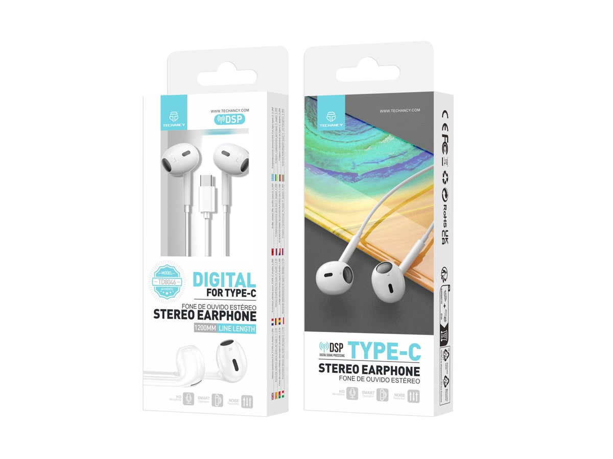 Auricolari USB-C Techancy TD8046 bianchi con microfono e controlli