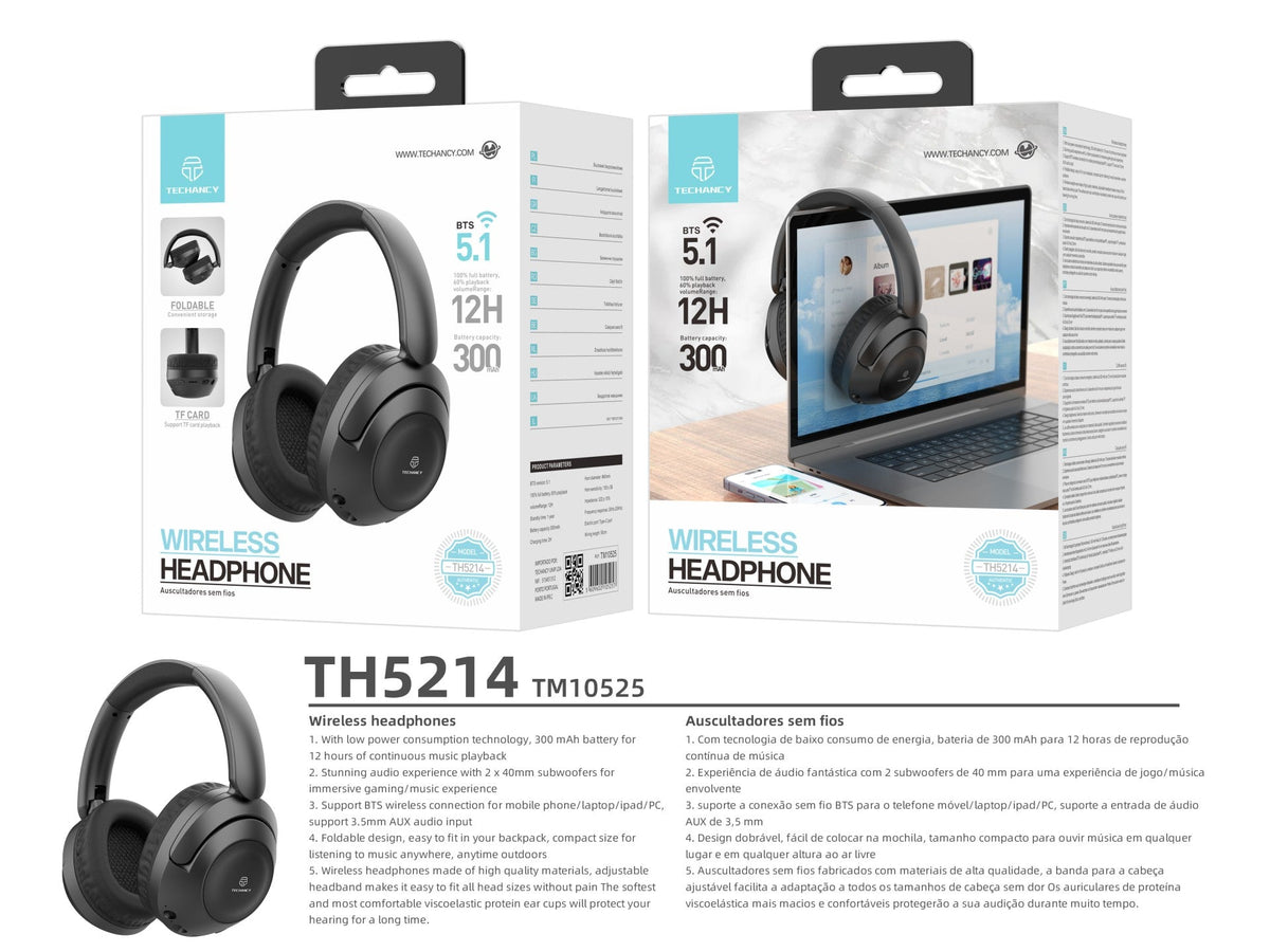 Cuffie Bluetooth pieghevoli Techancy TH5214 nere, autonomia 12 ore
