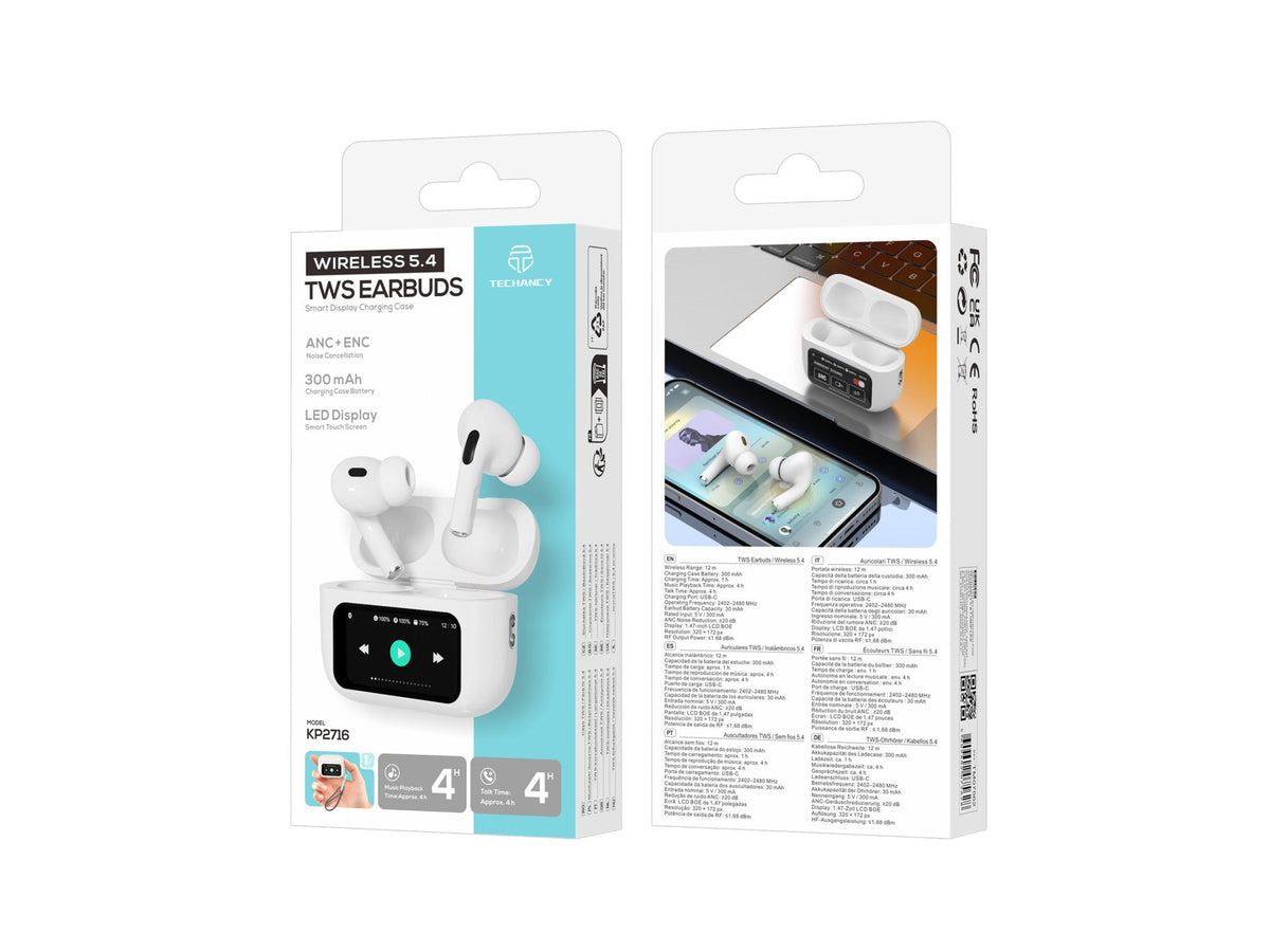 Auricolari Bluetooth Techancy KP2716 bianchi con ANC e custodia touch