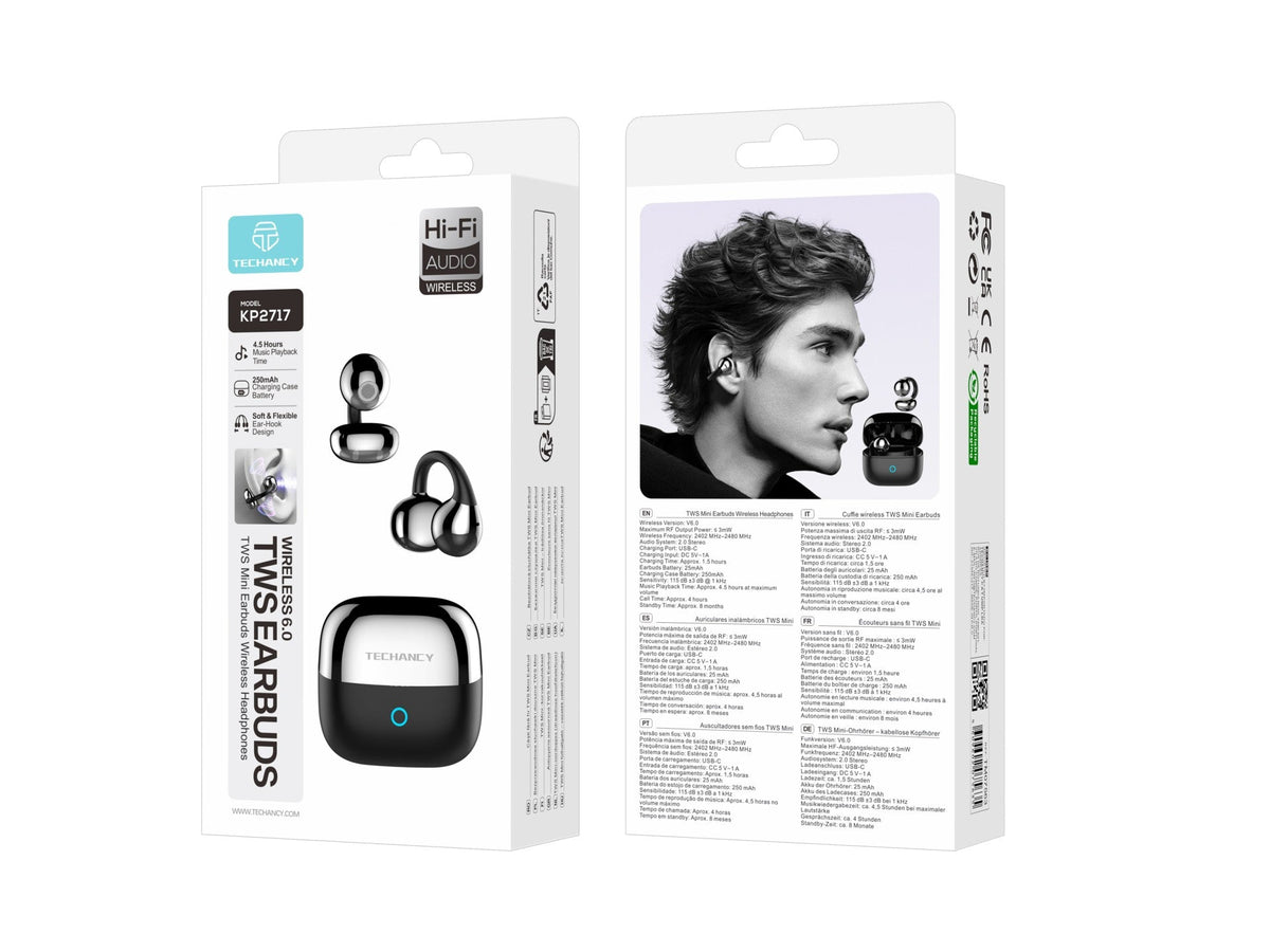 Auricolari Bluetooth open-ear Techancy KP2717 neri con aggancio a clip
