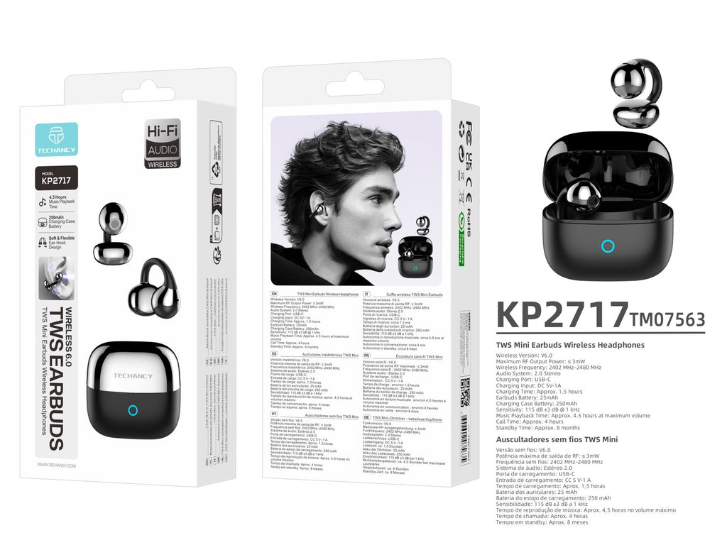 Auricolari Bluetooth open-ear Techancy KP2717 neri con aggancio a clip