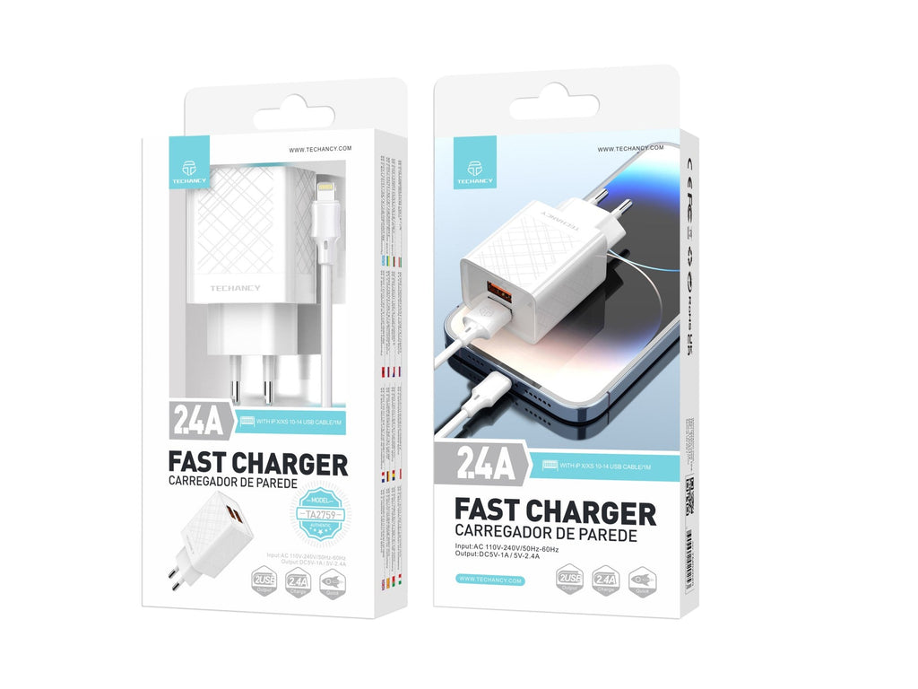 Caricabatterie doppio USB Techancy TA2759 bianco con cavo per iPhone da 1 m