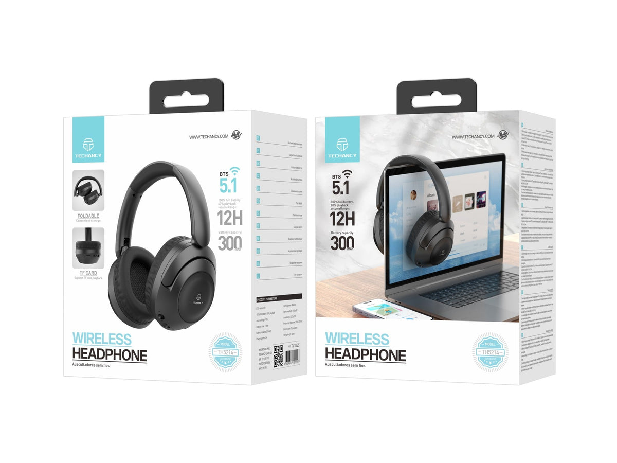 Cuffie Bluetooth pieghevoli Techancy TH5214 nere, autonomia 12 ore