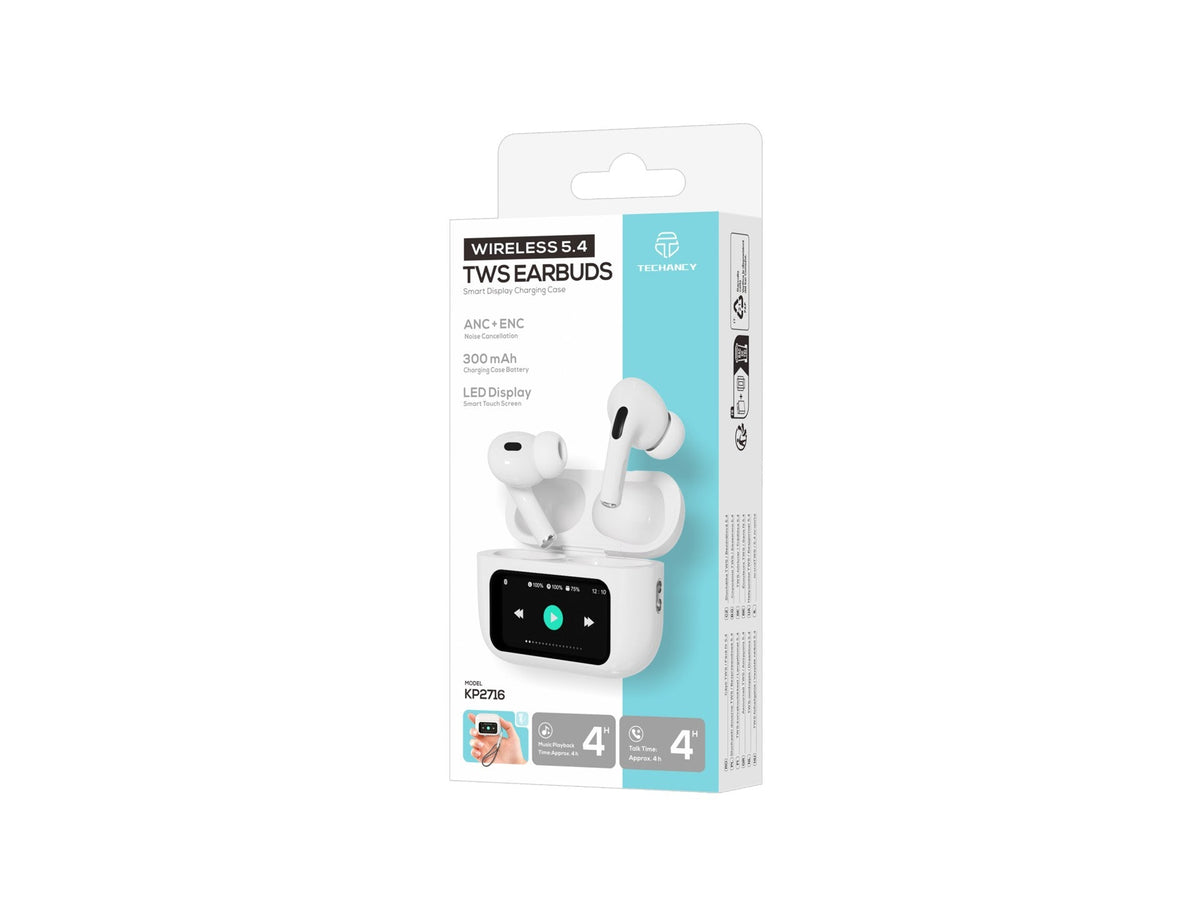Auricolari Bluetooth Techancy KP2716 bianchi con ANC e custodia touch