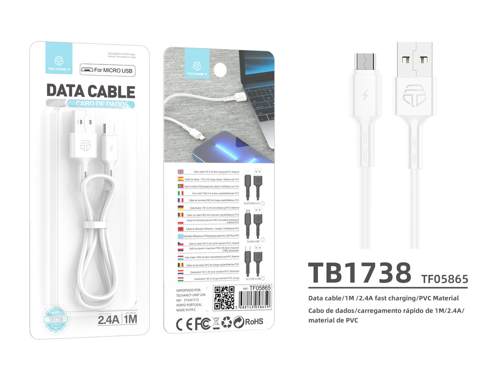 Cavo USB–Micro Techancy TB1738 bianco, 1 m, 2,4 A