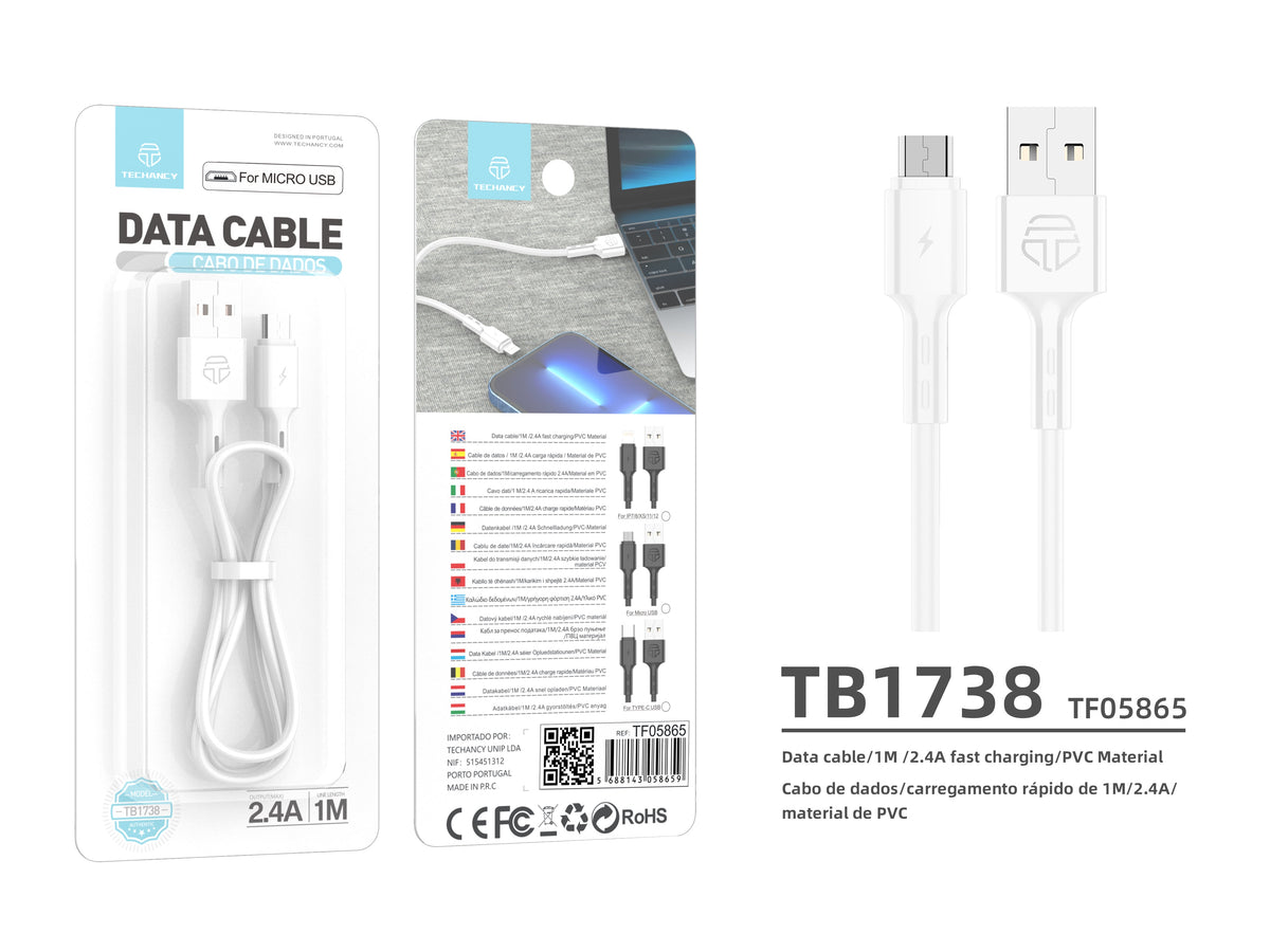 Cavo USB–Micro Techancy TB1738 bianco, 1 m, 2,4 A