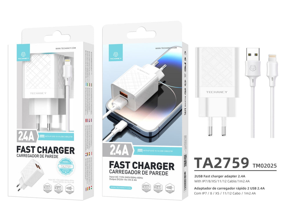 Caricabatterie doppio USB Techancy TA2759 bianco con cavo per iPhone da 1 m