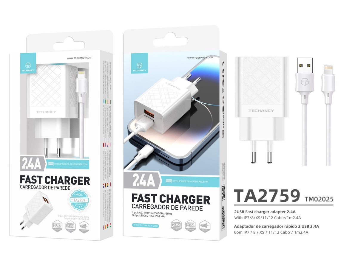 Caricabatterie doppio USB Techancy TA2759 bianco con cavo per iPhone da 1 m
