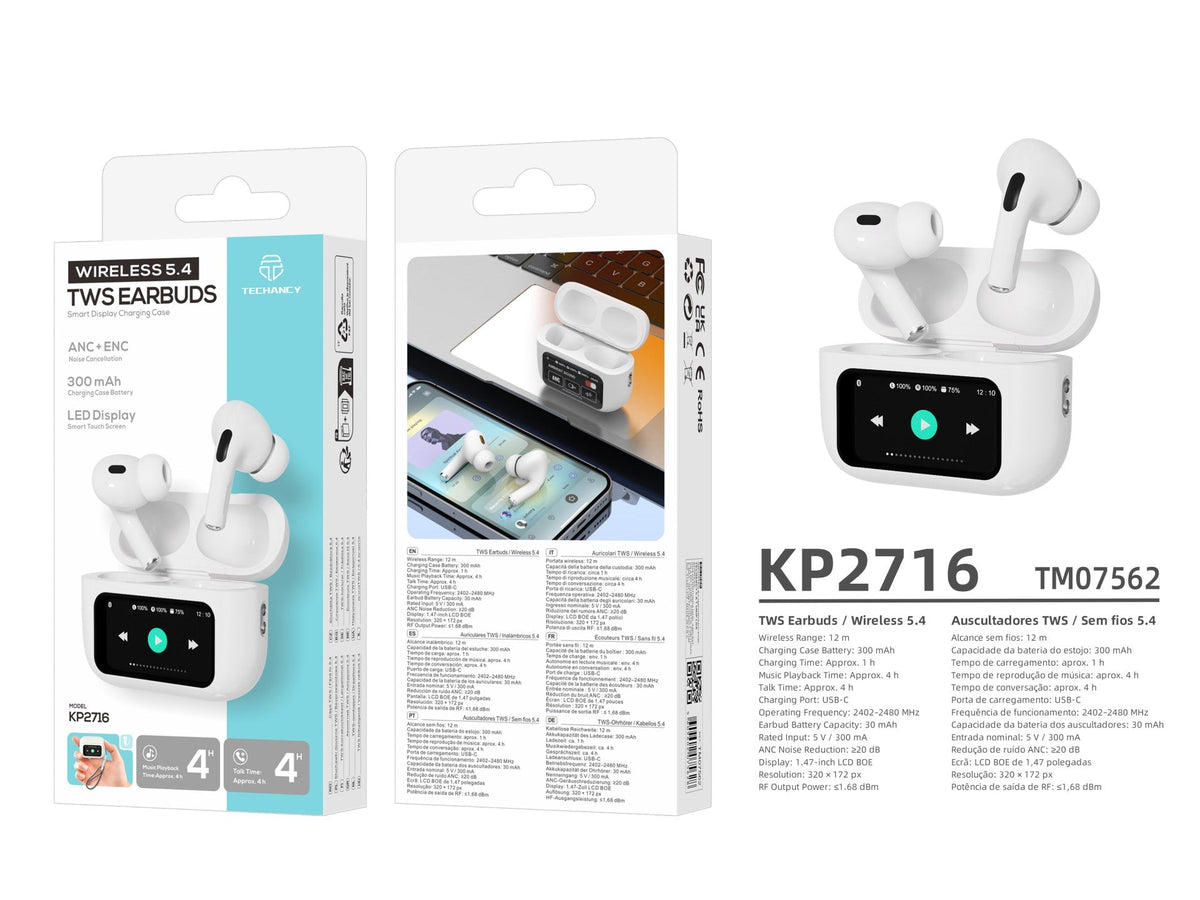 Auricolari Bluetooth Techancy KP2716 bianchi con ANC e custodia touch