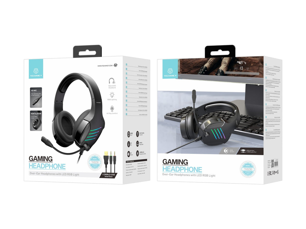 Cuffie gaming Techancy TH5230 RGB con microfono e jack 3,5 mm + USB