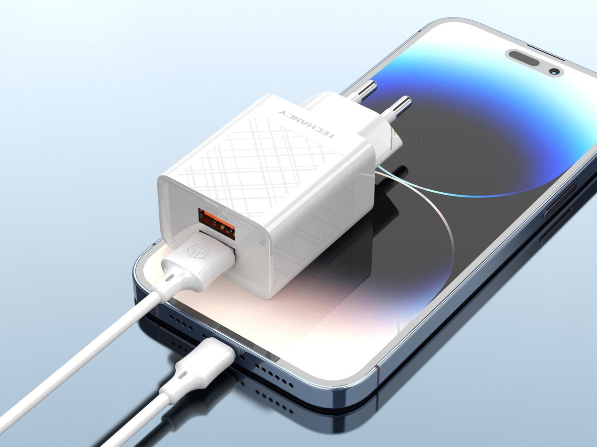 Caricabatterie doppio USB Techancy TA2759 bianco con cavo per iPhone da 1 m