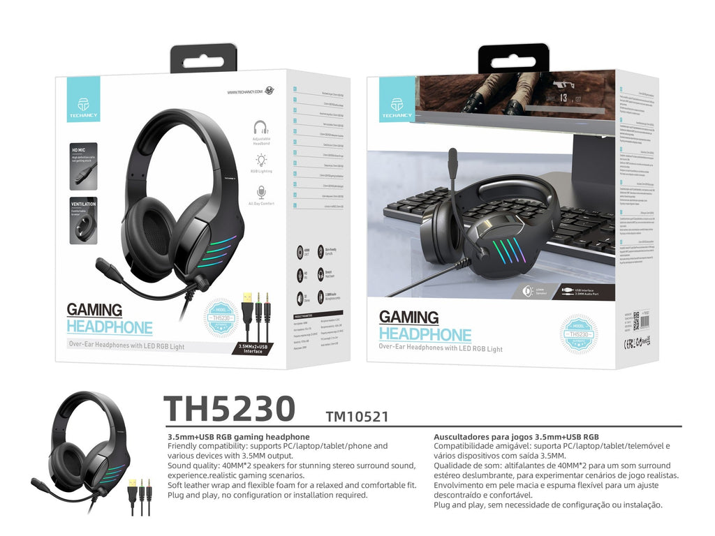 Cuffie gaming Techancy TH5230 RGB con microfono e jack 3,5 mm + USB