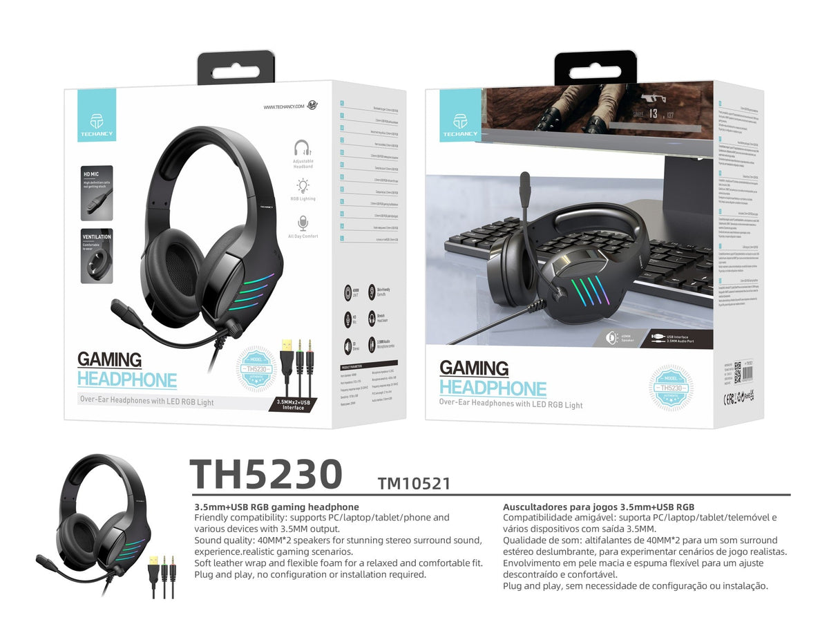 Cuffie gaming Techancy TH5230 RGB con microfono e jack 3,5 mm + USB