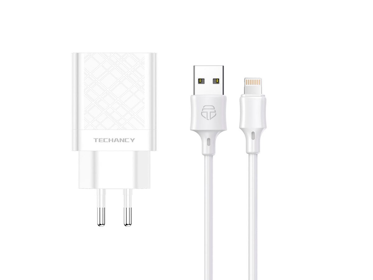 Caricabatterie doppio USB Techancy TA2759 bianco con cavo per iPhone da 1 m