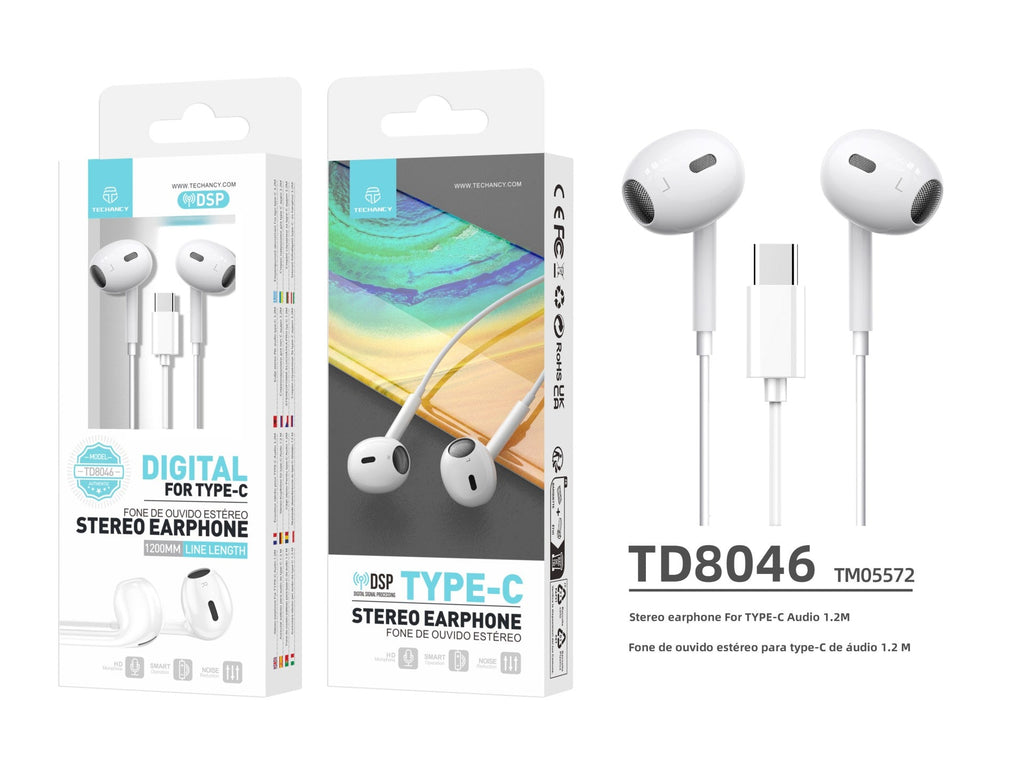 Auricolari USB-C Techancy TD8046 bianchi con microfono e controlli