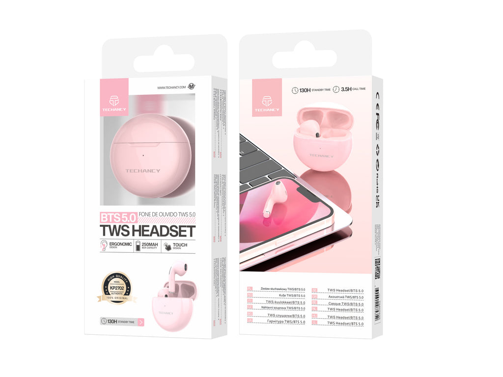 Auricolari Bluetooth Techancy KP2702 rosa con custodia di ricarica