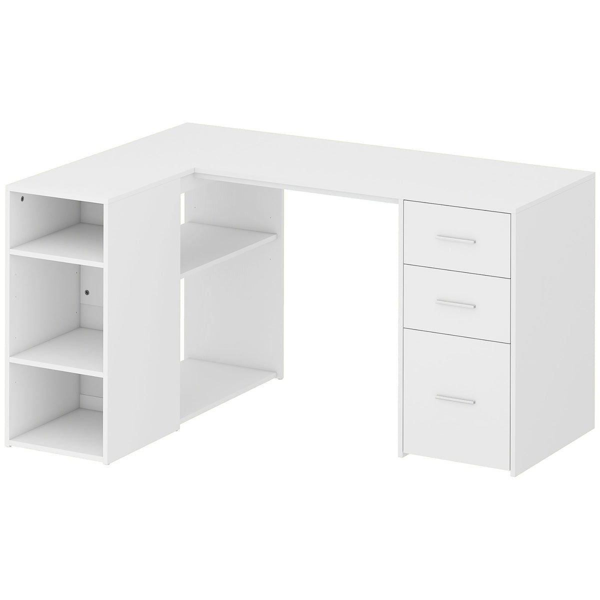 Scrivania angolare a L bianca con 3 cassetti e ripiani, 140 × 100 × 75 cm